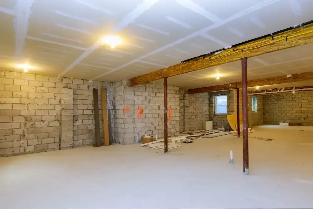 Framed basement under construction during a West Babylon, NY basement remodeling project.