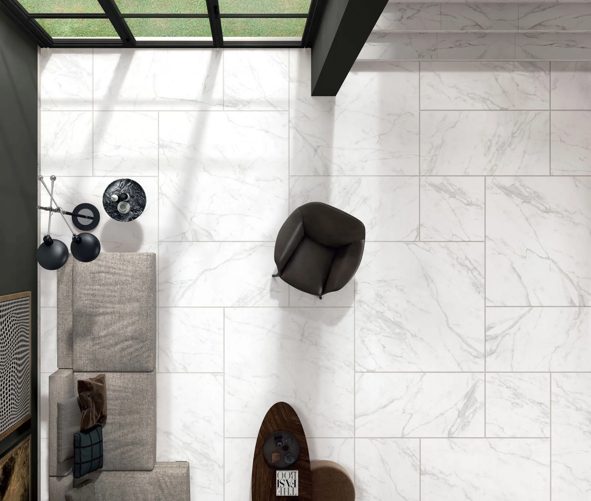 Large-format marble tile flooring installed in a Southampton, NY home renovation.