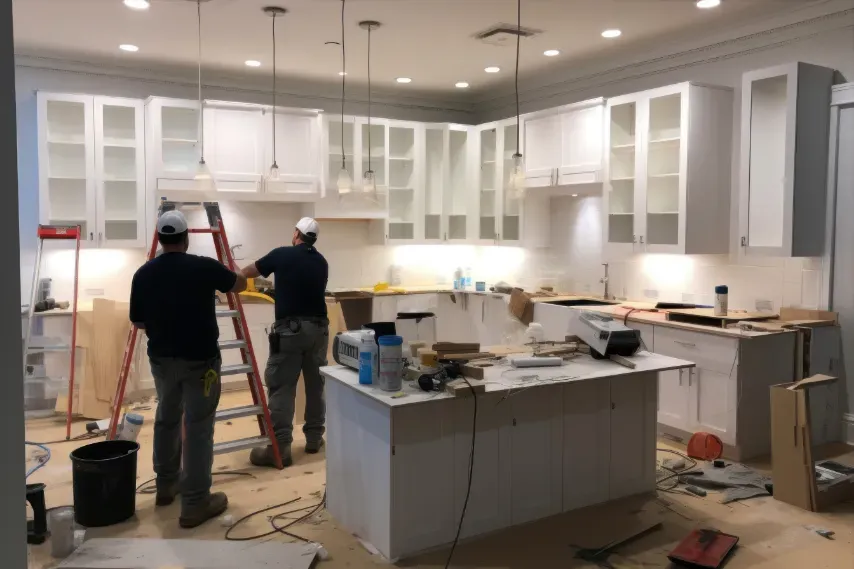 Kitchen under renovation with two workers, ladders, tools, and white cabinets being installed
