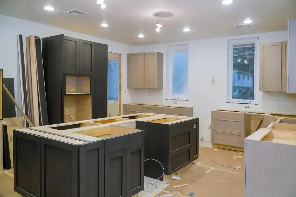 Custom kitchen cabinets under construction during a Brightwaters, NY home remodel.